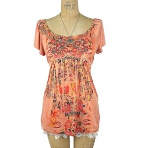 Boho Tunic Top Floral Embroidered Empire Waist Cottegecore Indie Earthy Size M